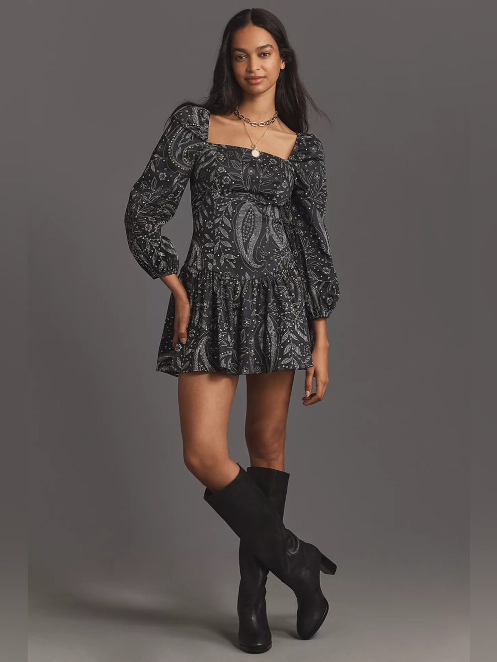Anthropologie Black Paisley Square-Neck Mini Dress